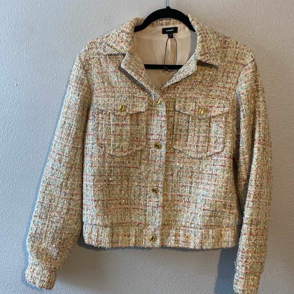 Sequin Tweed Novelty Button Cropped Bomber Jacket and shorts set - Picture 5 of 17